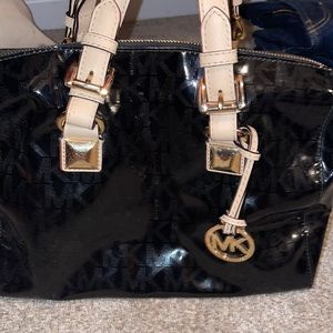 Michael Kors Black Patent Purse Tan Straps Gold Hardware